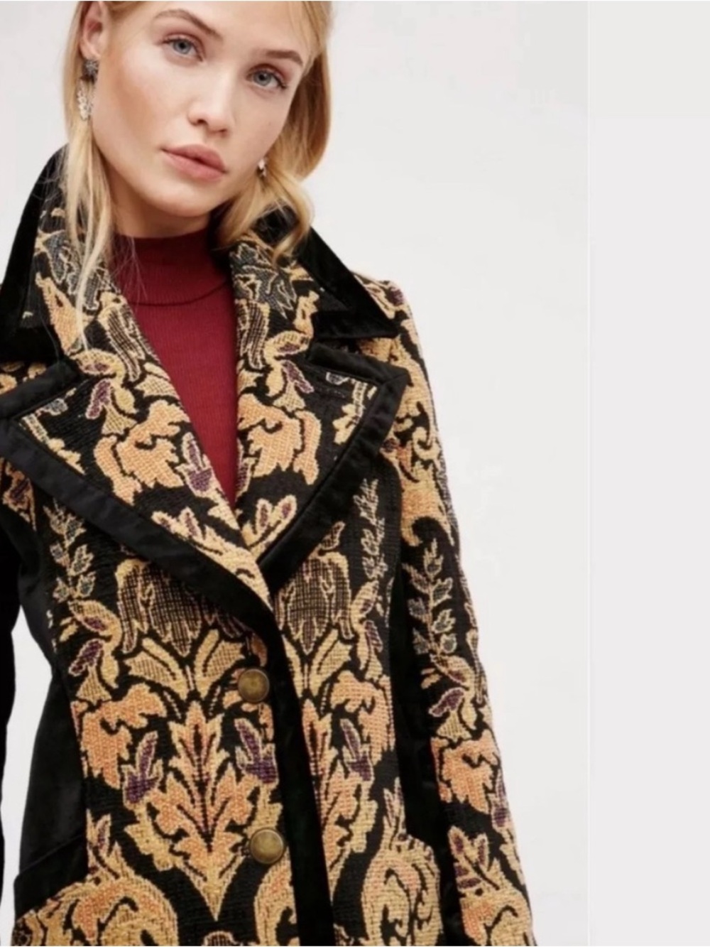 Free People Jacquard Blocked Black and Gold Brocade Women's Coat Size L